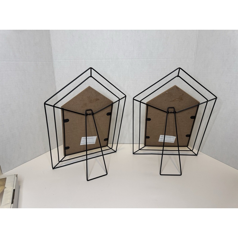Set of 2 House-Shaped Freestanding Photo Frames Black Metal & Natural Wood - Picture 3 of 6